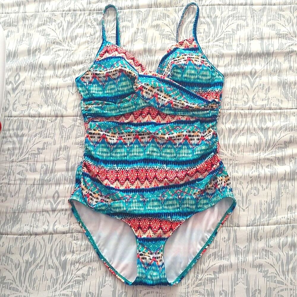 Jantzen One Piece Swimsuit Multicolor Cross Front Padded Blue Pink M/L